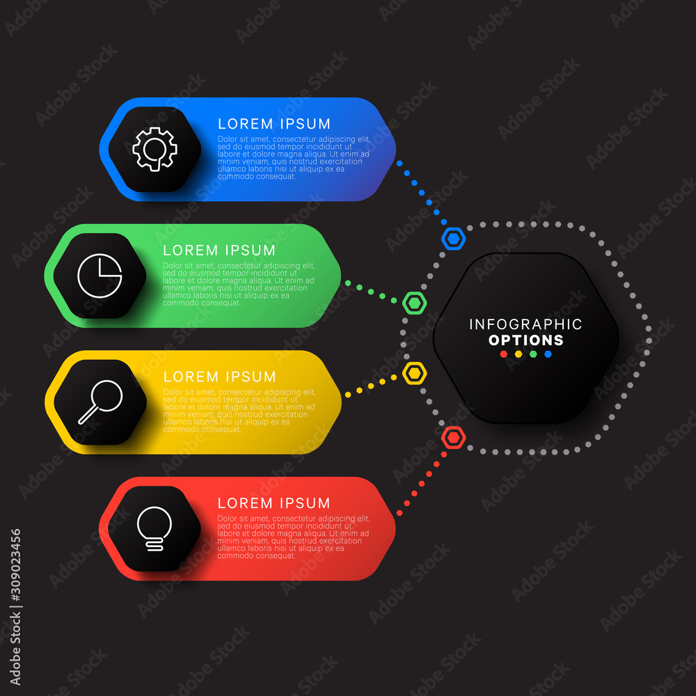 Aufkleber infographic template with four hexagonal elements on black background. modern business process visua