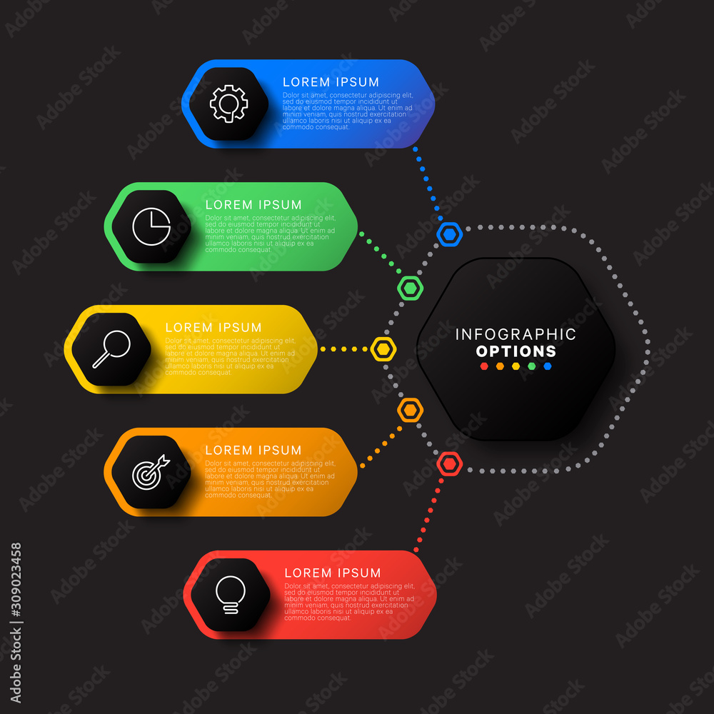 Aufkleber infographic template with five hexagonal elements on black background. modern business process visua