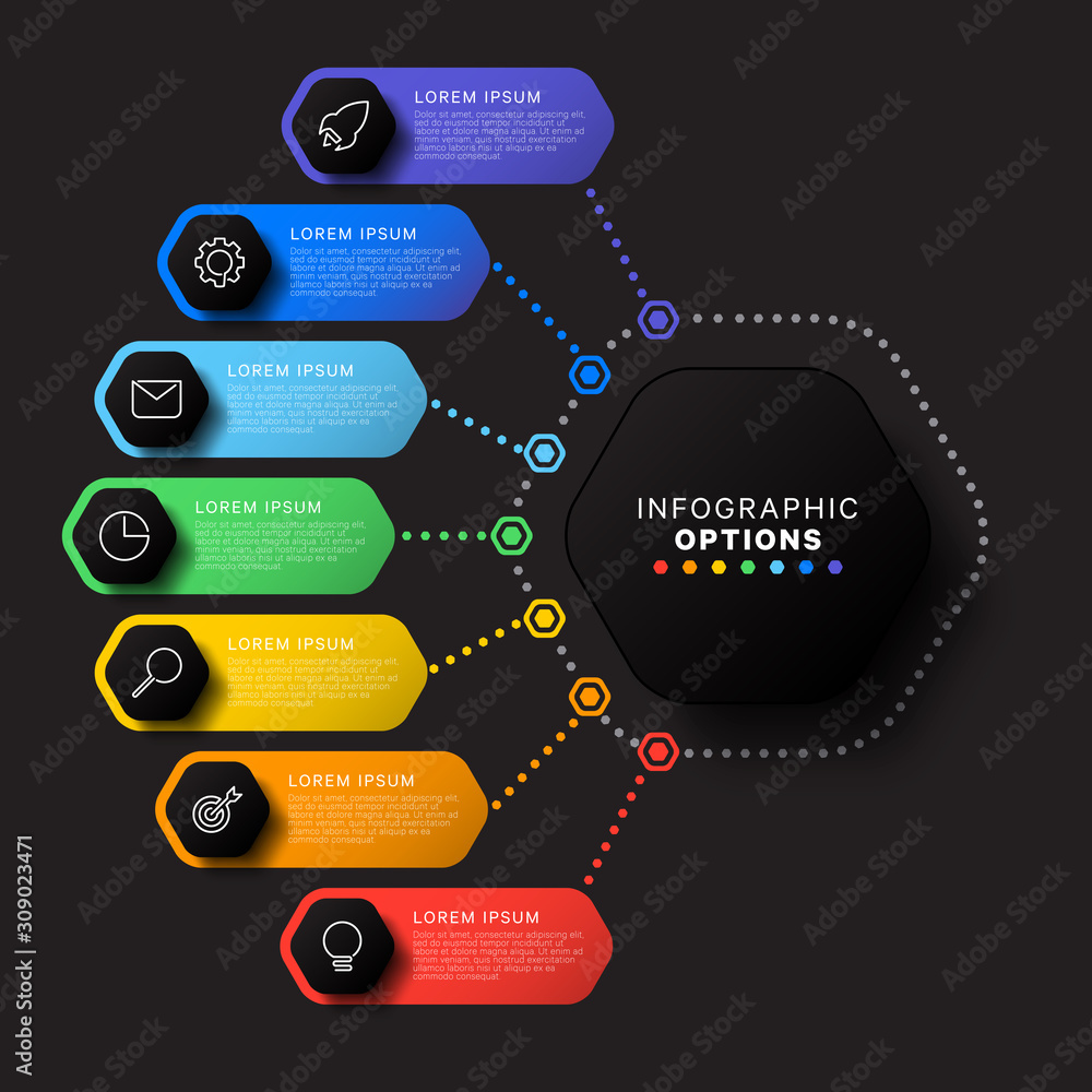 Aufkleber infographic template with seven hexagonal elements on black background. modern business process visu