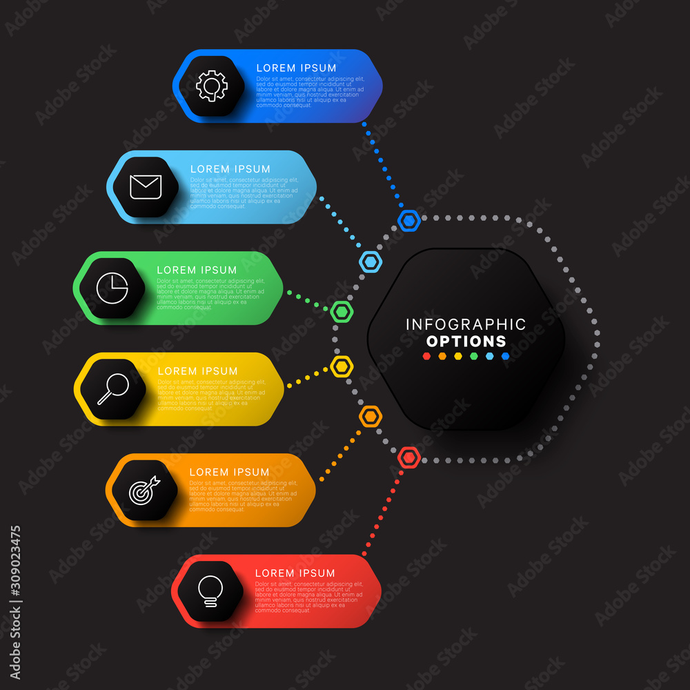 Aufkleber infographic template with six hexagonal elements on black background. modern business process visual