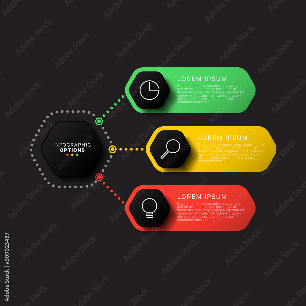 Aufkleber infographic template with eight hexagonal elements on black background. modern business process visu