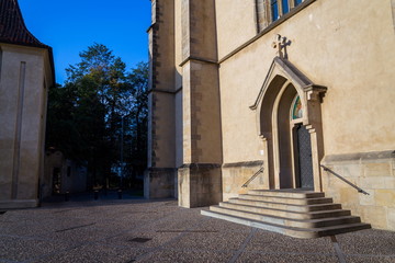 Emmaus monastery Na Slovanech, Abbey Church of the Blessed Virgin Mary, St. Jerome and Slavic Saints entrance architectural detail, sunny day, Prague, Czech Republic