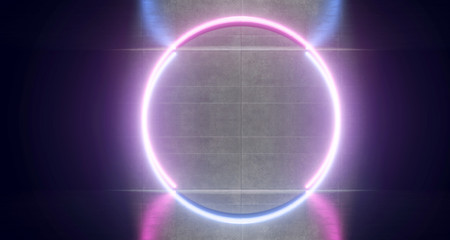 Sci Fi Futuristic Circle Neon Phantom Blue Red Purple Lights Glowing Led Laser Beams On Concrete Wall Cyber Virtual Background 3D Rendering