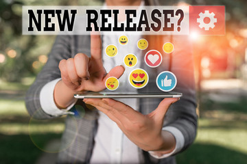 Word writing text New Release Question. Business photo showcasing asking about recent product or...