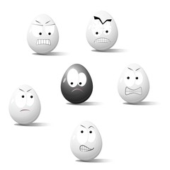 Faces on chicken eggs in the form of facial expressions, reflecting emotions. The concept of racism.