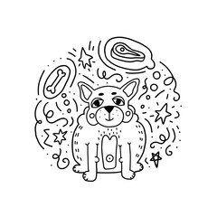 Fun doodle fat puppy french bulldog dreaming about meat and bone. Vector doodle style isolated illustration.