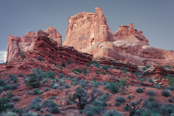 Sandstone monuments at  at Park Avenue Trail, is one of the most popular attractions within Arches National Park with its well-known monoliths, near Moab, Utah