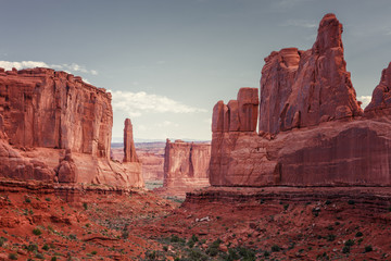 Sandstone monuments at at Park Avenue Trail, is one of the most popular attractions within Arches National Park with its well-known monoliths, near Moab, Utah