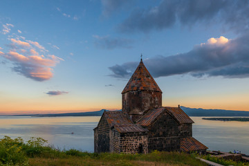 Evening shot of Sevanavank Monastery at sunset on Lake Sevan, Armenia