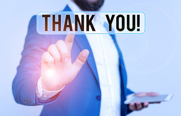 Conceptual hand writing showing Thank You. Concept meaning polite expression used when...