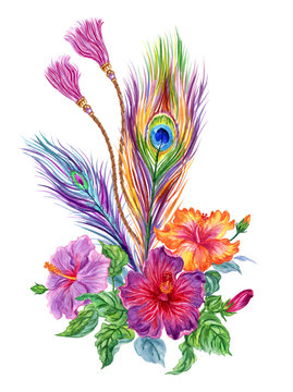 Bouquet of hibiscus flowers with peacock feathers