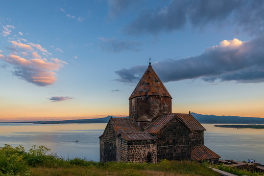 Evening shot of Sevanavank Monastery at sunset on Lake Sevan, Armenia