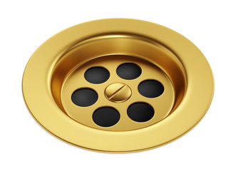 Yellow metal bathroom sink hole on white background
