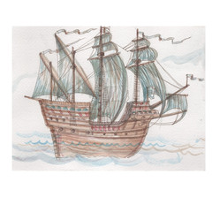 Ship sailboat vintage retro vintage watercolor hand drawn illustration. Print textiles travel history sails sea islands poster