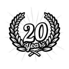 20 years anniversary celebration with laurel wreath. 20th logo. Vector and illustration.