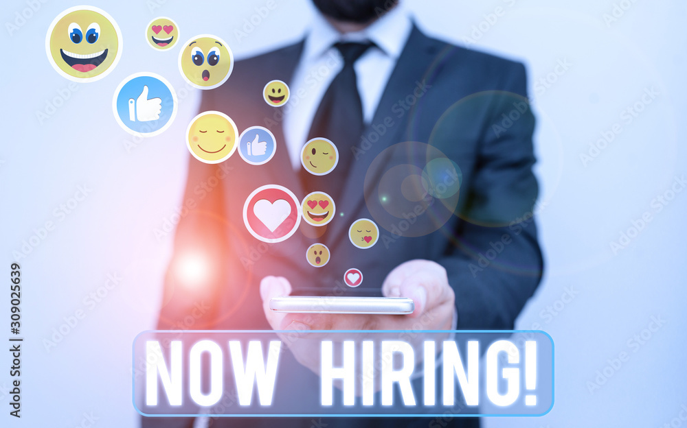 Poster handwriting text now hiring. conceptual photo finding evaluating working relationship with future em