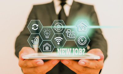 Conceptual hand writing showing New Job Question. Concept meaning formal meeting which someone...