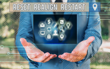 Writing note showing Reset Realign Restart. Business concept for Life audit will help you put...