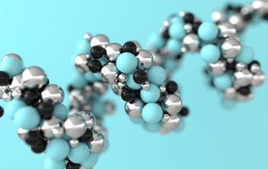 Scientific medical background with atoms and molecules 3d render. Chemical element model. Concept of microscopic research, science, chemistry, medicine