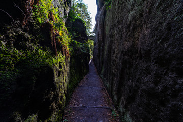 Rocks covered with moss and narrow passage through them.