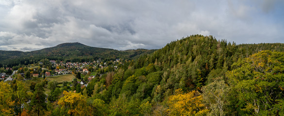 Panoramic view of the Zittau Mountains and the old town of Oybin on the German border (Saxony) with...