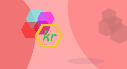 The krona, Swedish crown Kr symbol. 3d illustration, the official currency of Sweden, SEK. Abstract graphic with warm, isolated hexagons on reddish background. Green symbol inside the polygon. Economy