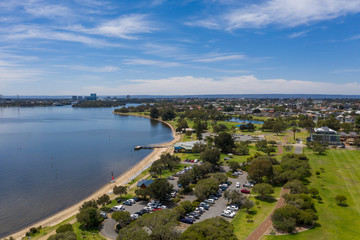 Fototapeta na wymiar Aerial view of houses and a lake from Sir James Mitchell Park in Perth Western Australia