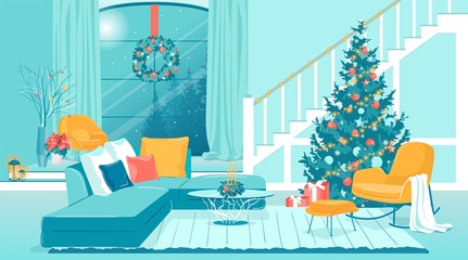 Decorated Living Room Lounge Area with Xmas Tree