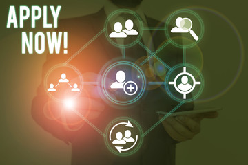 Word writing text Apply Now. Business photo showcasing request something officially in writing or by sending in form