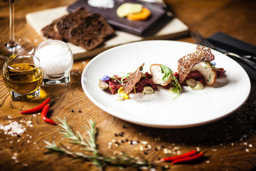Steak tartare served on a plate in restaurant