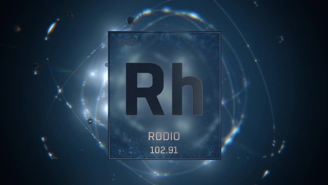 Rhodium as Element 45 of the Periodic Table. Seamlessly looping 3D animation on blue illuminated atom design background with orbiting electrons. Name, atomic weight, element number in Spanish language