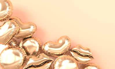 Golden foil balloons isolated on beige background. 3d render element for birthday party, Valentine`s day, presentation. Heart, sphere  and lips shape