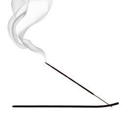 Burning incense stick on white background