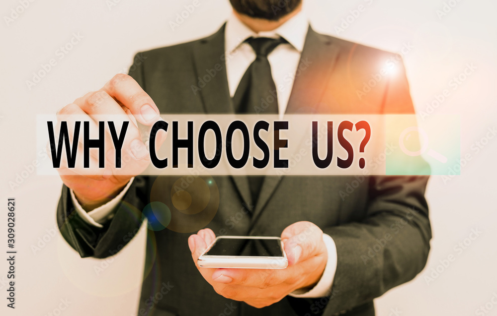 Aufkleber text sign showing why choose us question. business photo showcasing list of advantages and disadvant