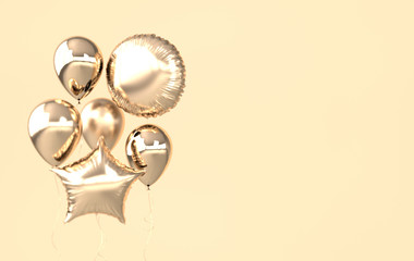 Golden foil balloons isolated on beige background. 3d render element for birthday party, Valentine`s day, presentation. Sphere and star shape
