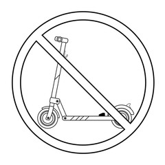Modern electric scooter drawn in lineart style placed in a prohibition sign