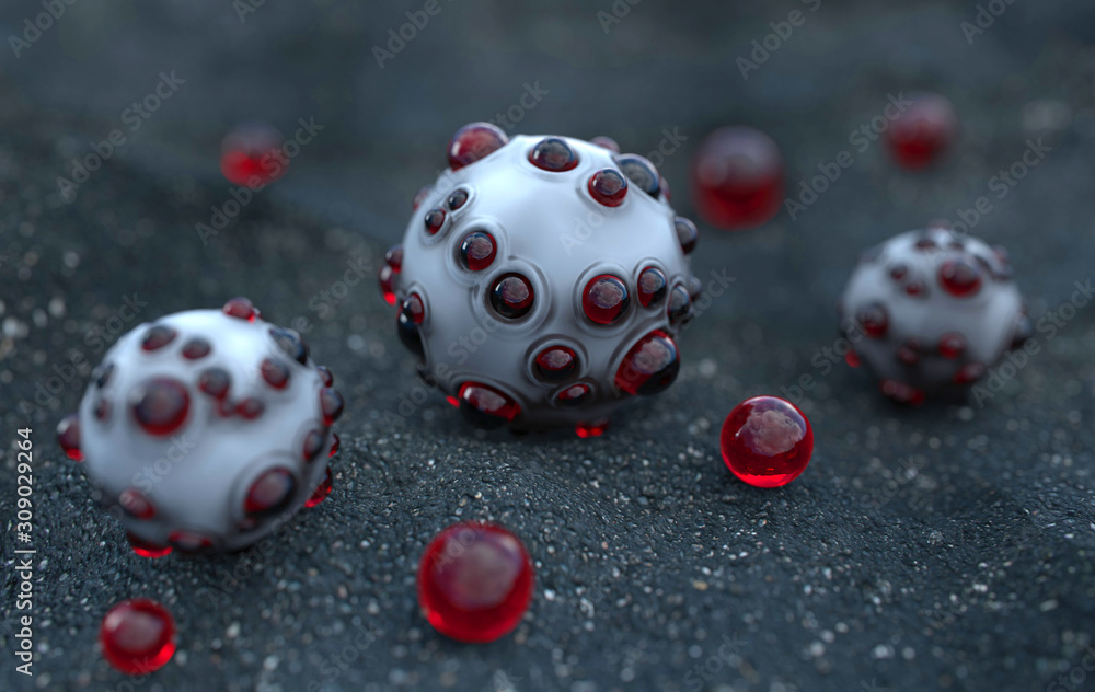 Poster abstract white concrete sphere with red glass bubbles 3d rendering. alien object on the ground