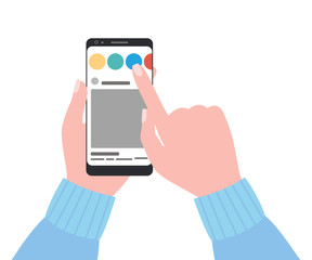 Smartphone with mobile application in hand. Carousel, review of posts, mocap phone interface. Phone screen page. Vector illustration isolated on white background