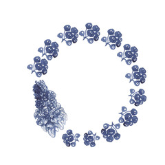 
Flowers blue composition in a circle. Hand drawn watercolor illustration. Blooming plants flora gift card card print textile