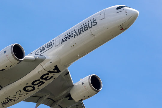 BERLIN - APR 27, 2018: New Airbus A350 XWB passenger plane performing at the Berlin ILA Air Show.