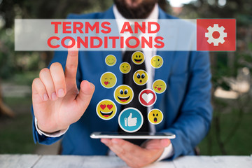 Word writing text Terms And Conditions. Business photo showcasing rules that apply to fulfilling a...