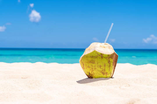 Fresh Coconut on white Caribbean Beach