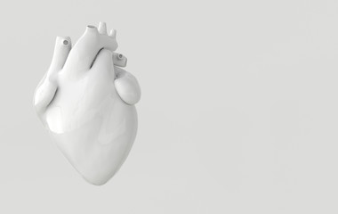 Realistic human heart organ with arteries and aorta 3d rendering. Happy Valentines Day greeting card. Romantic background. White ceramic heart