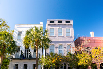 A popular tourist destination and known for its beautiful historic district, Charleston, South Carolina is home to a unique collection of antebellum and Georgian homes. - obrazy, fototapety, plakaty