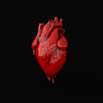 Realistic human heart organ with arteries and aorta 3d rendering. Happy Valentines Day greeting card. Romantic background. Red melted heart