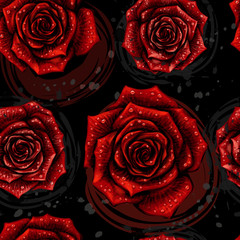 Rose pattern. Artistic, hand-drawn, color seamless pattern with red rose flower on a black background in watercolor splashes.