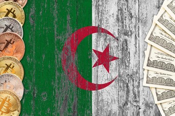 Algeria savings concept. Bitcoins and dollar banknotes on the side of national flag with wooden background. Trading currencies.