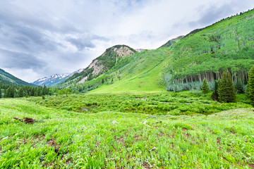Fototapeta na wymiar Wide angle view of lush green meadow on Conundrum Creek Trail in Aspen, Colorado in 2019 summer with cloudy stormy sky