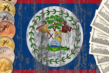 Belize savings concept. Bitcoins and dollar banknotes on the side of national flag with wooden background. Trading currencies.