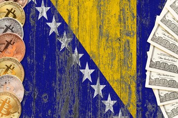 Bosnia Herzegovina savings concept. Bitcoins and dollar banknotes on the side of national flag with wooden background. Trading currencies.